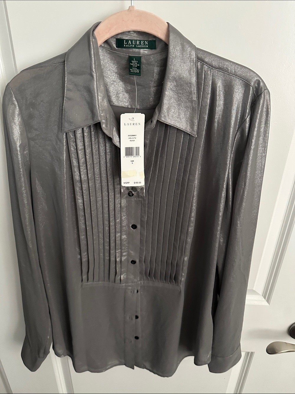 Lauren Ralph Lauren Shimmering Silver Pintuck Button-Front Shirt